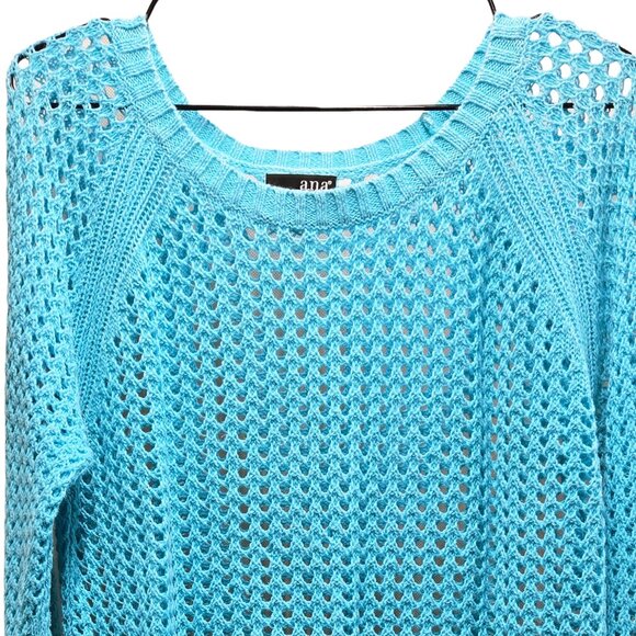 a.n.a. A NEW APPROACH TURQUOISE BLUE POINTELLE OPEN KNIT PULLOVER SWEATER LARGE - Picture 3 of 8